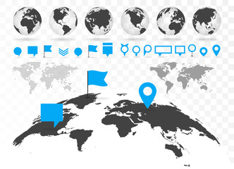 Poster - world map and 3d globe set with infographics elements.