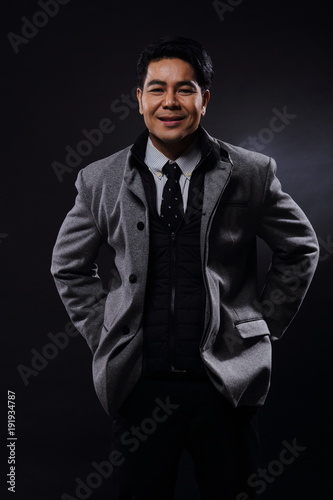 Portrait Half Body Business Man Stand In Gray Coat White Shirt Black Pants Studio Stock Photo Adobe Stock