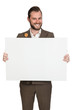 © _robbie_ - Handsome businessman in a brown suit with a white shirt, holding a blank board with a big smile on his face. White background.