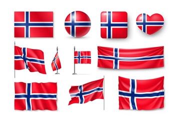 Wall Mural - Set Norway flags, banners, banners, symbols, flat icon. Vector illustration of collection of national symbols on various objects and state signs