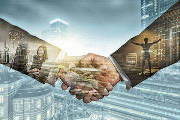 Double exposure of shaking hands of partner which have various group of Multiethnic Business people working and brainstorming over Train Trasportation of Tokyo railway station, Business people concept