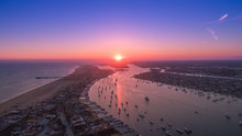 Aerial View Of Harbor In Newport Beach, California At Sunset