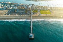 Aerial View Of Balboa Pier In Newport Beach Beach, California At Sunrise