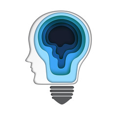 Poster - Brain thinking business creative idea concept.Paper carve of human head with getting idea from light bulb paper art style.Vector illustration.