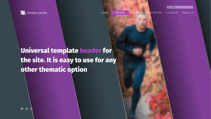 Poster - Design site header with diagonal violet-black lines and photo.