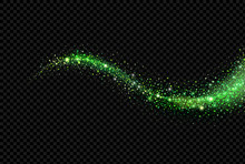 Green Glitter Sparkles Wave Isolated On Black Background. Vector Star Dust Twinkling Confetti Lights