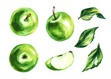 Green Apple Set. Hand Drawn Watercolor Illustration, Isolated On White Background