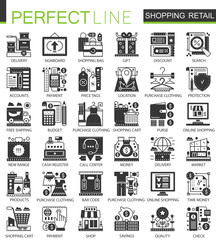 Wall Mural - Shopping, retail and commerce black mini concept icons and infographic symbols set.