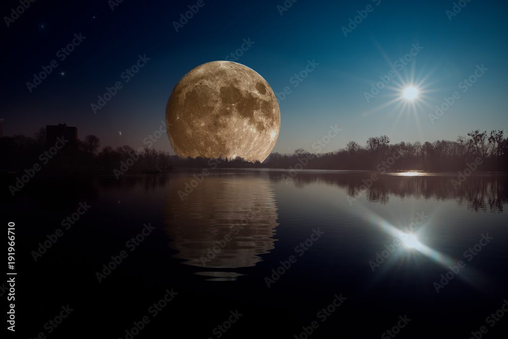 A huge full moon rising - obrazy, fototapety, plakaty 