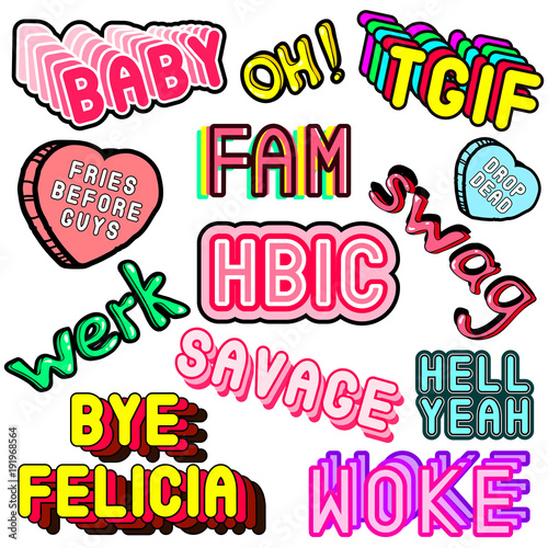 Vector set of cartoon colorful phrases, words "fam", "swag", "savage", "werk", "hbic", "woke