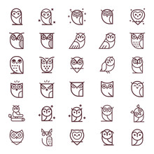 Owl Outline Icons Collection. Set Of Outline Owls And Emblems Design Elements For Schools, Educational Signs. Unique Illustration For Design.