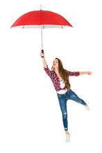 Beautiful Young Woman Holding Red Umbrella Isolated On White