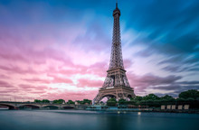 Long Exposure Photographyof The Eiffel Tower From Seine River With Evening Purple Blue Sky