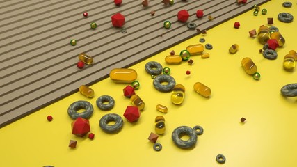 Poster - Amber pills, green pearls, red figures and military donuts come down on the floor with a huge stream.3d render geometry.