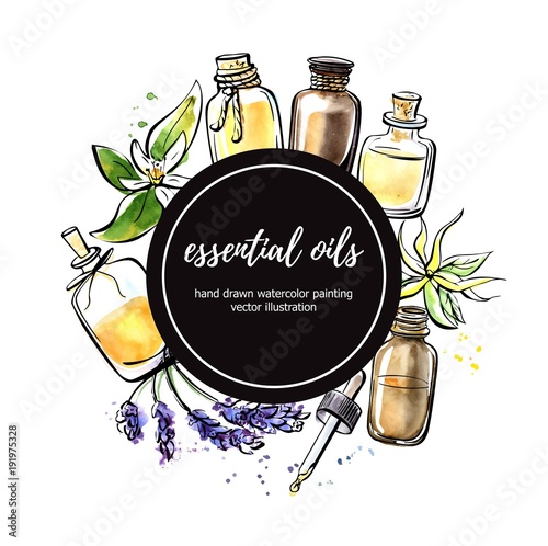 Fotografie, Obraz Vector illustration with essential oil bottles, flower and plant