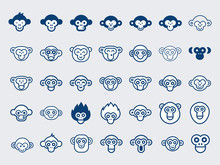 Big Vector Set Of Monkey Icons.Outline And Glyphs