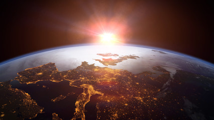 Wall Mural - sunset over planet Earth, the beautiful city lights of Europe