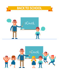 Smart teacher in glasses near a blackboard with a schoolboy. Pupils have fun with their teacher. Teacher and children constructor with different faces. Cartoon style,  flat vector illustration.