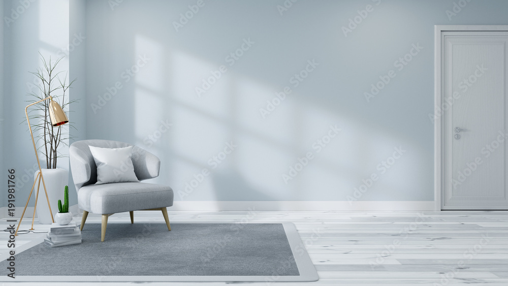 Scandinavian interior of living room concept, light gray sofa with gold lamp on white flooring and blue wall,3d rendering - obrazy, fototapety, plakaty 