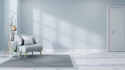 scandinavian interior of living room concept, light gray sofa with gold lamp on white flooring and b