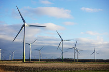 Windmills Power Plant In Rural Landscape, Germany
