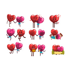 Wall Mural - Cute smiling red and pink hearts characters set, funny couples in love with different situations and emotions. Happy Valentines Day concept cartoon vector Illustrations