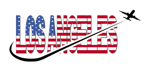 Los Angeles flag text with plane silhouette and swoosh illustration