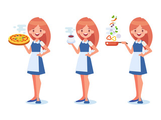 Wall Mural - Female Waitress and cook flat vector set.