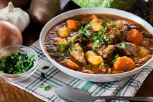 Irish Stew Made With Beef, Potatoes, Carrots And Herbs
