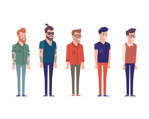 Vector People. Set of vector men with different clothes and haircuts. Bearded hipster, boy, business man, student, young guy.