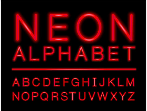 Red neon alphabet with complete letters set with LED effect