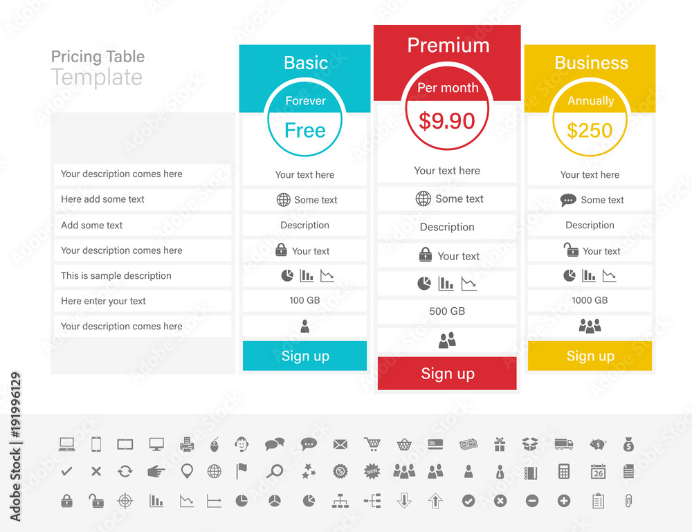 Pricing table with 3 plans and one recommended. Blue, red and yellow header - obrazy, fototapety, plakaty 