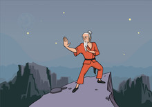 Old Gray-haired Man, Master Of Martial Arts Practicing Wushu In The Mountains. Vector Illustration.