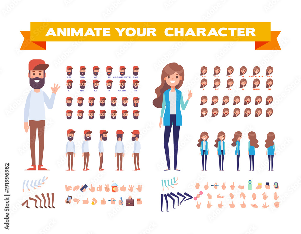  Front, side, back view animated characters. Male and female characters creation set with various views, face emotions, poses. Cartoon style, flat vector illustration. - obrazy, fototapety, plakaty 