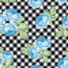 Roses Seamless Pattern On Black And White Gingham, Chequered Background. Vector Illustration