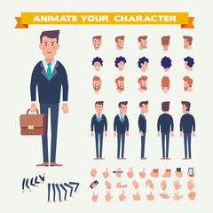 Front, side, back, 3/4 view animated character. Business man character creation set with various views, hairstyles, face emotions, poses and gestures. Cartoon style, flat vector illustration.