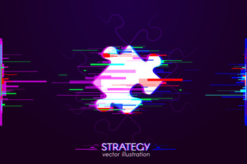 Poster - Puzzle with Interference. Glitch logo of strategy on dark background. White object with anaglyph color effect. Vector business illustration.