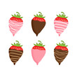 Sweet strawberries covered in chocolate, vector graphic illustration. Valentine's Day chocolate fondue snack. Strawberries in pink colored white, milk and dark chocolate.