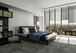 Modern bedroom with tiled floor and windows