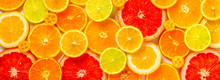 Beautiful Fresh Sliced Mixed Citrus Fruits Like Background, Concept Of Healthy Eating, Dieting, Top View