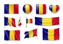 Set Romania Flags, Banners, Banners, Symbols, Flat Icon. Vector Illustration Of Collection Of National Symbols On Various Objects And State Signs