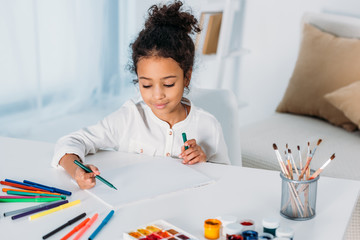 Wall Mural - adorable african american kid drawing with felt pens at home