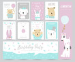 Blue pink pastel greeting card with rabbit,bear,cat and dog
