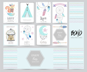 Wall Mural - cute cards for banners,Flyers,Placards with feather,squirrel,wild,moon,star,arrow,cage,bear and tent