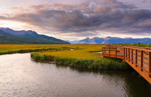 Beautiful Sunrise At Potter Marsh Wildlife Viewing Boardwalk, Anchorage, Alaska. Potter Marsh Is Located At The Southern End Of The Anchorage Coastal Wildlife Refuge.