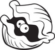 Black and white illustration of a clam with large eyes.