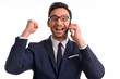 © Антон Зимин - Handsome bearded businessman in office suit and tie isolated on white background. Smart Professional bank manager in glasses is smiling with joy, he loves his job he talks on phone and heard good news