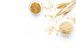 © 9dreamstudio - Oatmeal and oat in bowls near sprigs of wheat on white background top view copy space
