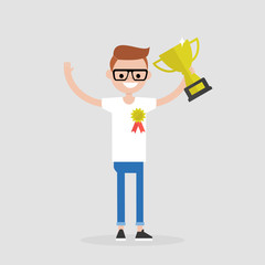 Awards ceremony. Young successful character wearing an award badge and holding a champion cup. Achievement. Flat editable vector illustration, clip art