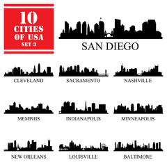 Wall Mural - 10 cities of United States of America #3, detailed isolated silhouettes.